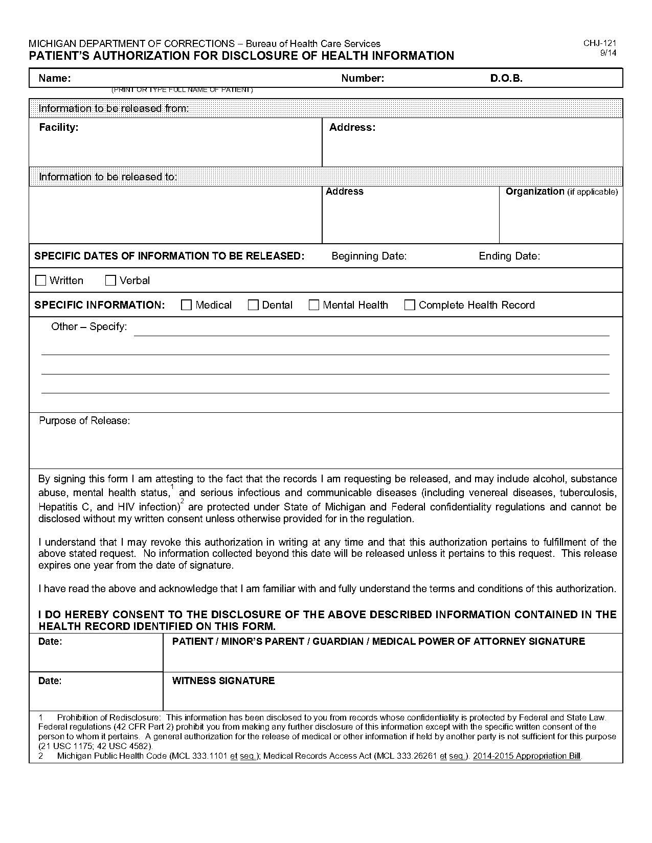 state of mi authorization to release records form