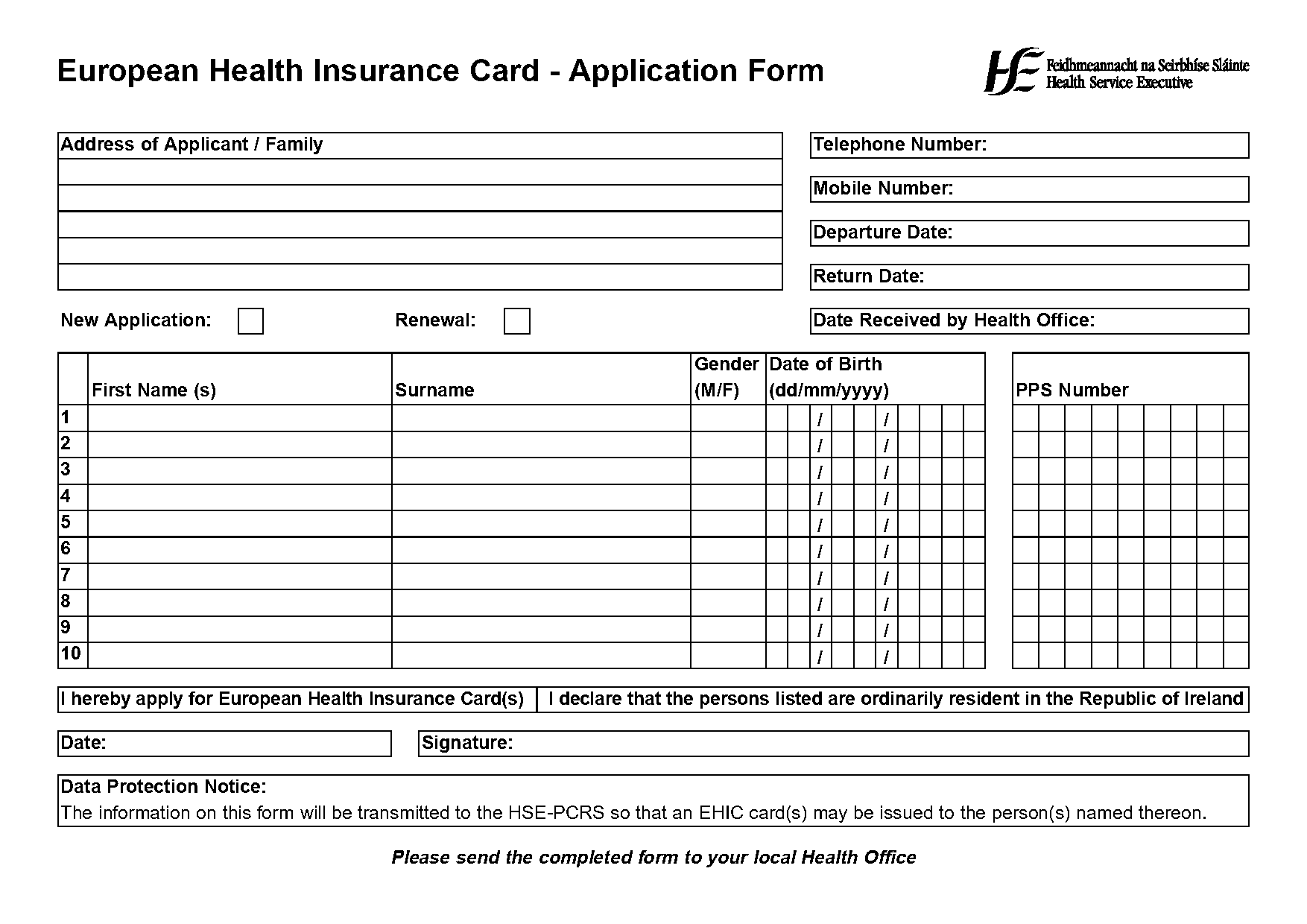 european health insurance application form